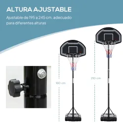 Canasta de Baloncesto para Exterior Altura Ajustable 160-210 cm con Ruedas y Base Rellenable 76x48x254 cm Negro - Ogal.Es