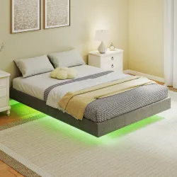 Somier 140x190 cm con Luces LED Estructura de Cama Tapizado en Lino Láminas de Madera Fácil de Montar Gris - Ogal.Es