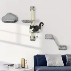 Juego de Pared de Escalada para Gatos de 3 Piezas con Hamaca Rampa con Rascador Plataforma en Forma de Nube Gris - Ogal.Es