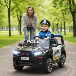 Coche Eléctrico para Niños de Policía con Mando a Distancia Motor Doble Sirena Suspensión en 4 Ruedas y Faros Negro - Ogal.Es