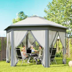 Carpa Plegable 4x3,4 m con Doble Techo 6 Mosquiteras Extraíbles y Bolsa de Transporte Anti-UV Gris - Ogal.Es