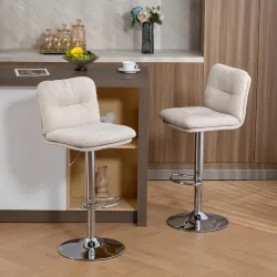 Juego de 2 Taburetes Altos de Cocina Giratorios Tapizados de Lino con Altura Ajustable Respaldo y Reposapiés Beige - Ogal.Es