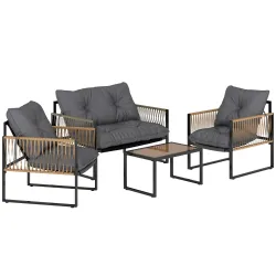 Conjunto de Jardín Exterior de Ratán Sintético con 2 Sillones 1 Sofá de 2 Plazas 1 Mesa de Centro y Cojines Gris - Ogal.Es