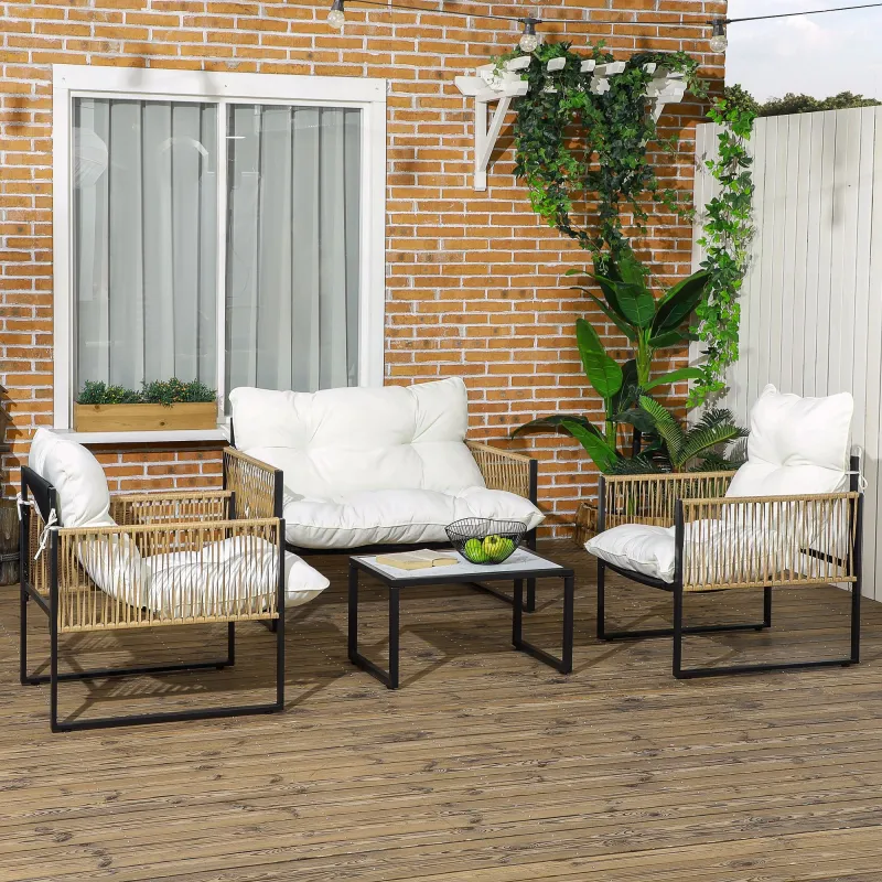 Conjunto de Jardín Exterior de Ratán Sintético con 2 Sillones 1 Sofá de 2 Plazas 1 Mesa de Centro y Cojines Crema - Ogal.Es