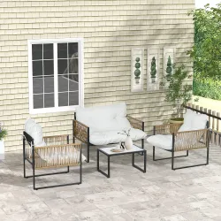 Conjunto de Jardín Exterior de Ratán Sintético con 2 Sillones 1 Sofá de 2 Plazas 1 Mesa de Centro y Cojines Crema - Ogal.Es