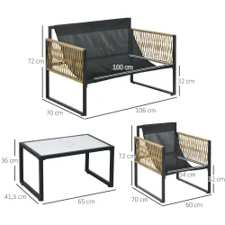 Conjunto de Jardín Exterior de Ratán Sintético con 2 Sillones 1 Sofá de 2 Plazas 1 Mesa de Centro y Cojines Crema - Ogal.Es