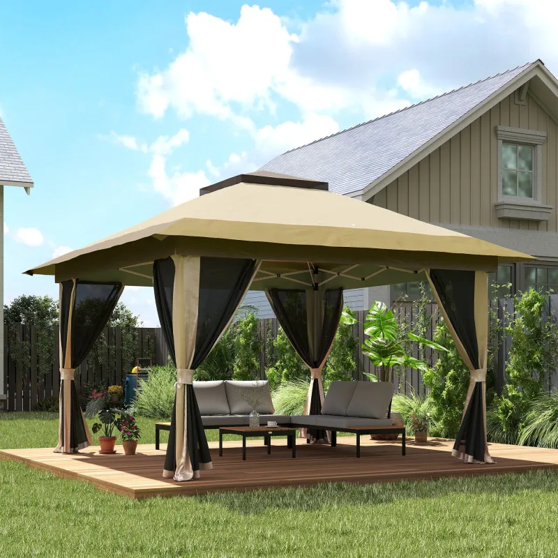 Cenador Plegable 3,6x3,6 m con Laterales de Malla UPF50+ Altura Ajustable Bolsa con Ruedas y Bolsas de Arena Beige - Ogal.Es