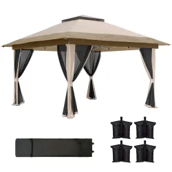 Cenador Plegable 3,6x3,6 m con Laterales de Malla UPF50+ Altura Ajustable Bolsa con Ruedas y Bolsas de Arena Beige - Ogal.Es