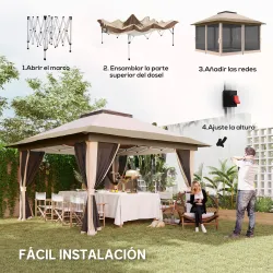 Cenador Plegable 3,6x3,6 m con Laterales de Malla UPF50+ Altura Ajustable Bolsa con Ruedas y Bolsas de Arena Beige - Ogal.Es
