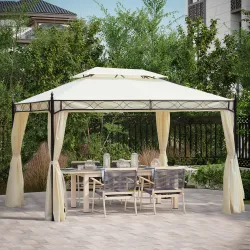 Cenador de Jardín 4x3m con Doble Techo Estructura de Acero Anti-UV para Exterior Patio 400x300x280 cm Crema - Ogal.Es