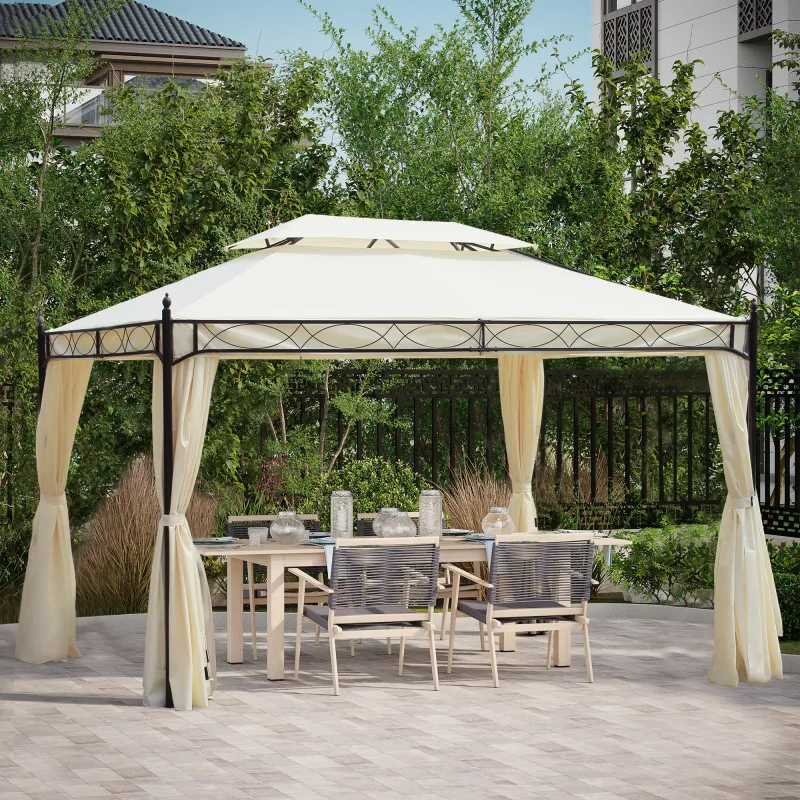 Cenador de Jardín 4x3m con Doble Techo Estructura de Acero Anti-UV para Exterior Patio 400x300x280 cm Crema - Ogal.Es