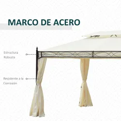 Cenador de Jardín 4x3m con Doble Techo Estructura de Acero Anti-UV para Exterior Patio 400x300x280 cm Crema - Ogal.Es