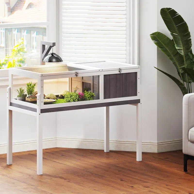 Casa para Tortugas de Madera con Techo de Malla Bandeja Extraíble y Soporte para Lámpara 104x53x82 cm Gris y Blanco - Ogal.Es