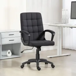 Silla de Oficina Giratoria Tapizada en Lino Sintético Altura Ajustable Basculante Respaldo Medio Reposabrazos Negro - Ogal.Es