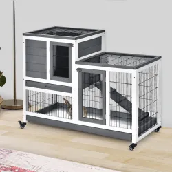 Conejera de Madera con Ruedas para Interior Jaula de 2 Pisos con Rampa y 2 Bandejas Extraíbles 110x50x88cm Gris - Ogal.Es