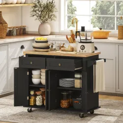 Isla de Cocina con Ruedas Mueble Auxiliar de Cocina con Especiero y Barra Lateral 111x44,5x82,5 cm Negro - Ogal.Es