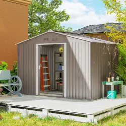 Cobertizo de Jardín 4,9 m² 277x195x192 cm con 2 Puertas Correderas Techo de Fibra de Vidrio y 4 Ventanas Gris Claro - Ogal.Es
