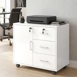 Mueble para Impresora con Ruedas Mesa para Impresora con Puerta y 3 Cajones Cerraduras Estante Ajustable Blanco - Ogal.Es