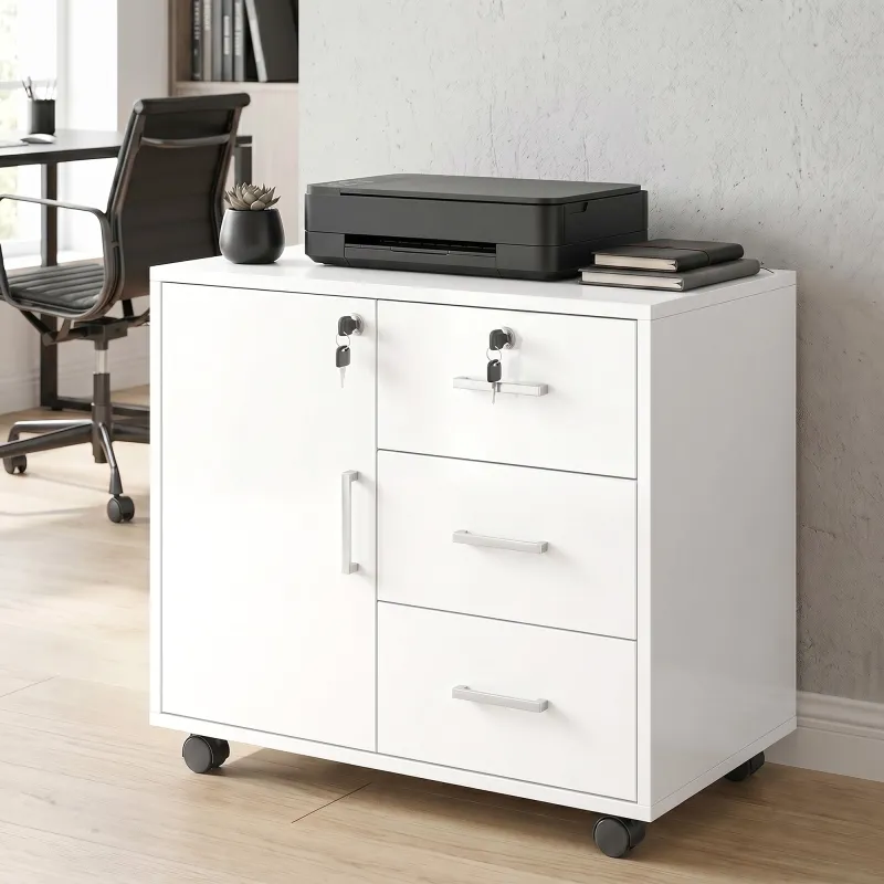 Mueble para Impresora con Ruedas Mesa para Impresora con Puerta y 3 Cajones Cerraduras Estante Ajustable Blanco - Ogal.Es