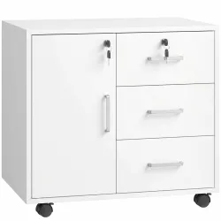 Mueble para Impresora con Ruedas Mesa para Impresora con Puerta y 3 Cajones Cerraduras Estante Ajustable Blanco - Ogal.Es