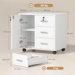 Mueble para Impresora con Ruedas Mesa para Impresora con Puerta y 3 Cajones Cerraduras Estante Ajustable Blanco - Ogal.Es