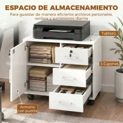 Mueble para Impresora con Ruedas Mesa para Impresora con Puerta y 3 Cajones Cerraduras Estante Ajustable Blanco - Ogal.Es