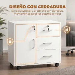 Mueble para Impresora con Ruedas Mesa para Impresora con Puerta y 3 Cajones Cerraduras Estante Ajustable Blanco - Ogal.Es
