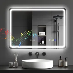 Espejo de Baño con Luz LED 70x50 cm con Bluetooth 3 Colores de Luz Reloj Digital Función Antivaho Función de Mem... - Ogal.Es