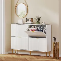 Zapatero Estrecho con 4 Puertas Acanaladas con Estantes Ajustables para 20 Pares de Zapatos 105x24x91,5 cm Blanco - Ogal.Es