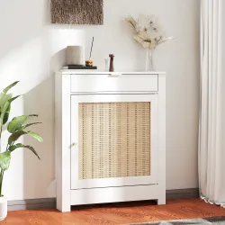 Cubre Radiadores con Puerta Abatible y Ratán Compartimento Diseño Bohemio para Salón Dormitorio Blanco - Ogal.Es