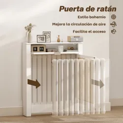 Cubre Radiadores con Puerta Abatible y Ratán Compartimento Diseño Bohemio para Salón Dormitorio Blanco - Ogal.Es