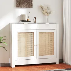 Cubre Radiadores con Puertas Abatibles y Ratán 2 Compartimentos Diseño Bohemio para Salón Dormitorio Blanco - Ogal.Es
