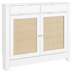 Cubre Radiadores con Puertas Abatibles y Ratán 2 Compartimentos Diseño Bohemio para Salón Dormitorio Blanco - Ogal.Es