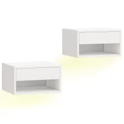 Juego de 2 Mesitas de Noche Flotantes con Luces LED RGB Control de APP Cajón Estante Abierto 37x32x21 cm Blanco - Ogal.Es