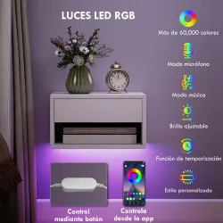 Juego de 2 Mesitas de Noche Flotantes con Luces LED RGB Control de APP Cajón Estante Abierto 37x32x21 cm Blanco - Ogal.Es