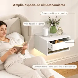 Juego de 2 Mesitas de Noche Flotantes con Luces LED RGB Control de APP Cajón Estante Abierto 37x32x21 cm Blanco - Ogal.Es