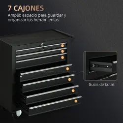 Carro de Herramientas con 7 Cajones Cerradura Asa 2 Ruedas con Freno de Bloqueo para Garaje Hogar Negro - Ogal.Es