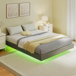 Somier 160x200 cm con Luces LED Estructura de Cama Tapizado en Lino Láminas de Madera Fácil de Montar Gris - Ogal.Es