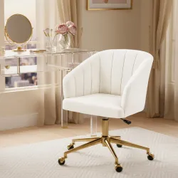 Silla de Oficina con Ruedas de Terciopelo con Respaldo Acolchado Altura Ajustable Espuma Alta Resiliencia Crema - Ogal.Es