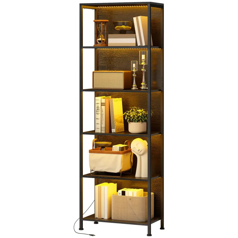 Librería de 5 Niveles con Luces LED de 7 Colores Estantería para Libros 60x30x179 cm Estantería Industrial Negro - Ogal.Es