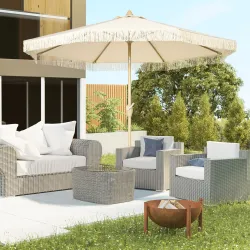 Sombrilla de Jardín Ø265x244 cm con Manivela Manual Ángulo Ajustable y Flecos de Estilo Boho para Terraza Piscin... - Ogal.Es