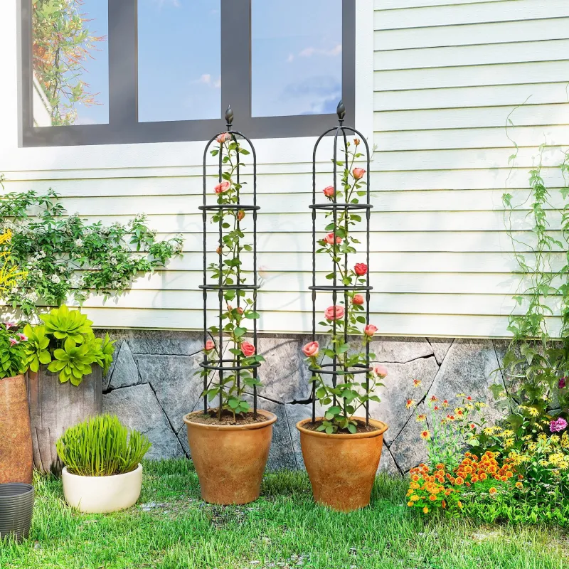 Juego de 2 Obeliscos de Jardín de Acero PE 1,74 m Enrejados para Plantas Trepadoras Rosas para Exterior Patio Negro - Ogal.Es