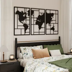 Decoración de Metal para Pared de Mapa Mundial de 3 Piezas para Salón Dormitorio Pasillo Negro - Ogal.Es