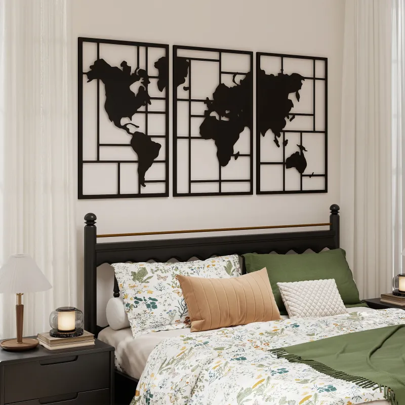 Decoración de Metal para Pared de Mapa Mundial de 3 Piezas para Salón Dormitorio Pasillo Negro - Ogal.Es