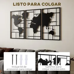 Decoración de Metal para Pared de Mapa Mundial de 3 Piezas para Salón Dormitorio Pasillo Negro - Ogal.Es