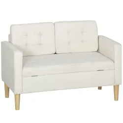 Sofá de 2 Plazas con Espacio de Almacenamiento Patas de Madera Respaldo Capitoné 117x62x78 cm Crema - Ogal.Es