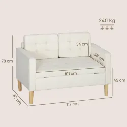 Sofá de 2 Plazas con Espacio de Almacenamiento Patas de Madera Respaldo Capitoné 117x62x78 cm Crema - Ogal.Es