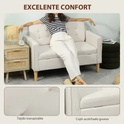 Sofá de 2 Plazas con Espacio de Almacenamiento Patas de Madera Respaldo Capitoné 117x62x78 cm Crema - Ogal.Es