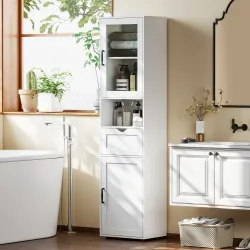 Columna de Baño Estrecha con Puerta de Vidrio Estantes Ajustables Cajón Estante Abierto 40x30x165 cm Blanco - Ogal.Es
