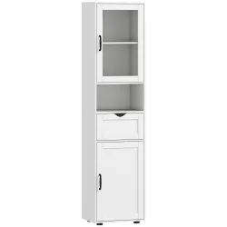 Columna de Baño Estrecha con Puerta de Vidrio Estantes Ajustables Cajón Estante Abierto 40x30x165 cm Blanco - Ogal.Es